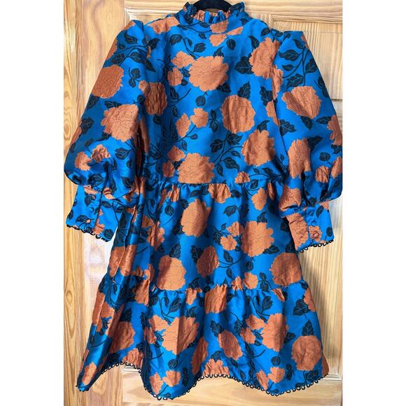 Emily Lovelace Dress Size 4/6 Teal With Rust Flowers Collared Preppy POCKETS! - Picture 2 of 5